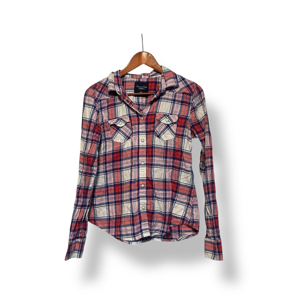 [American Eagle Outfitters] Pink and Blue Plaid Snap Closure Shirt